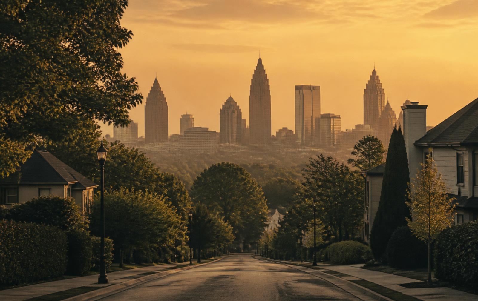Atlanta skyline at sunset beyond a neighborhood street