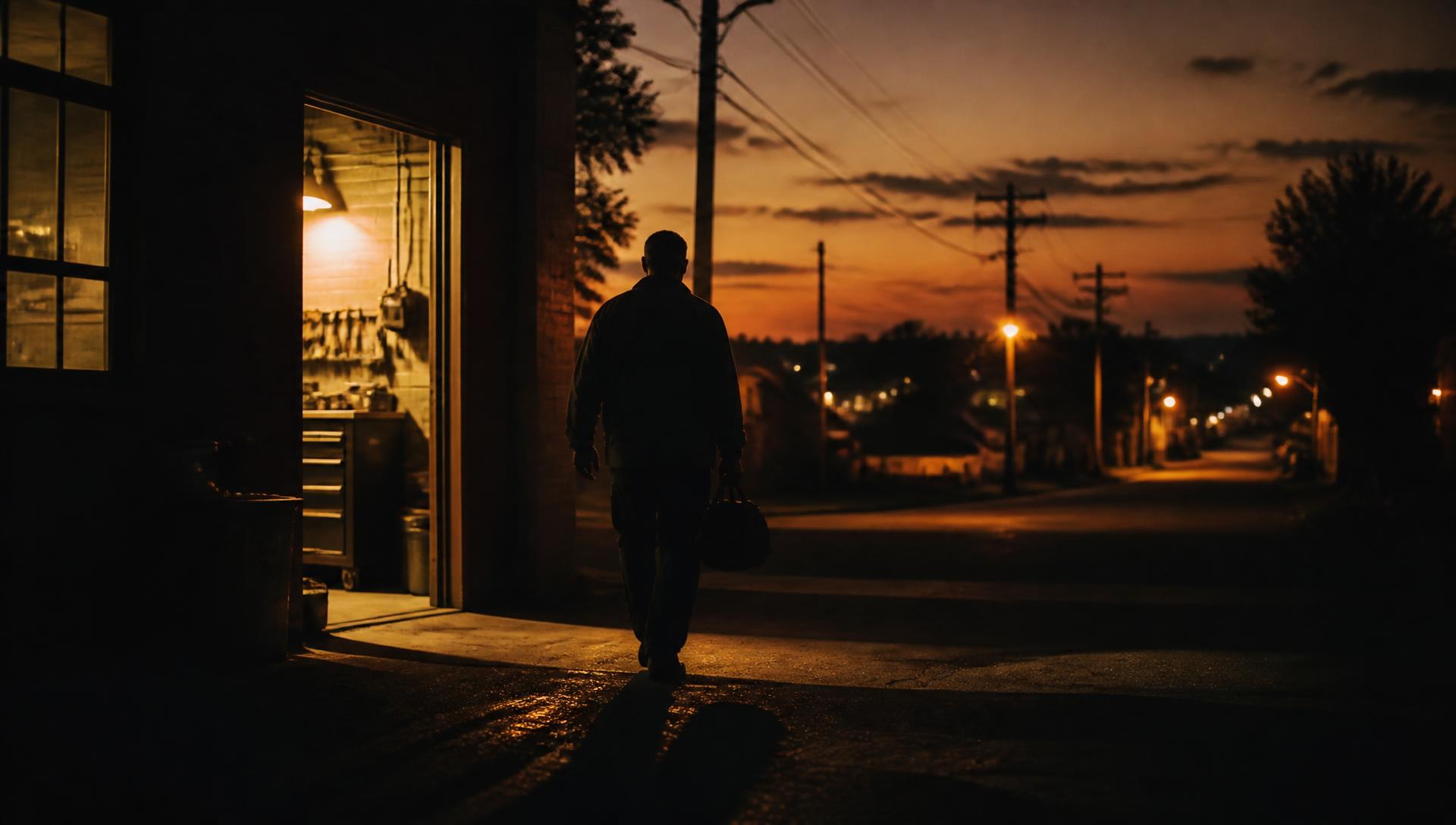 A worker heading home at sunset as the city lights come on